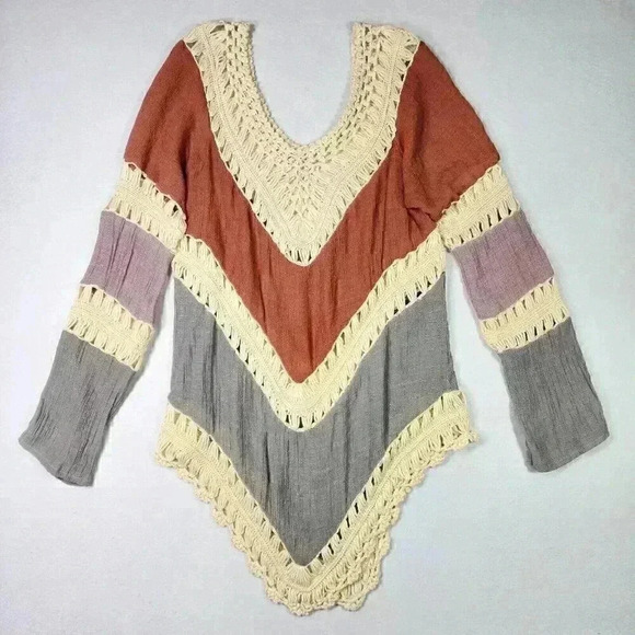 Women's Crochet Crinkle V-Neck Tunic Hippie BOHO Peasant Coverup Earthy Blouse‎ - Picture 1 of 11